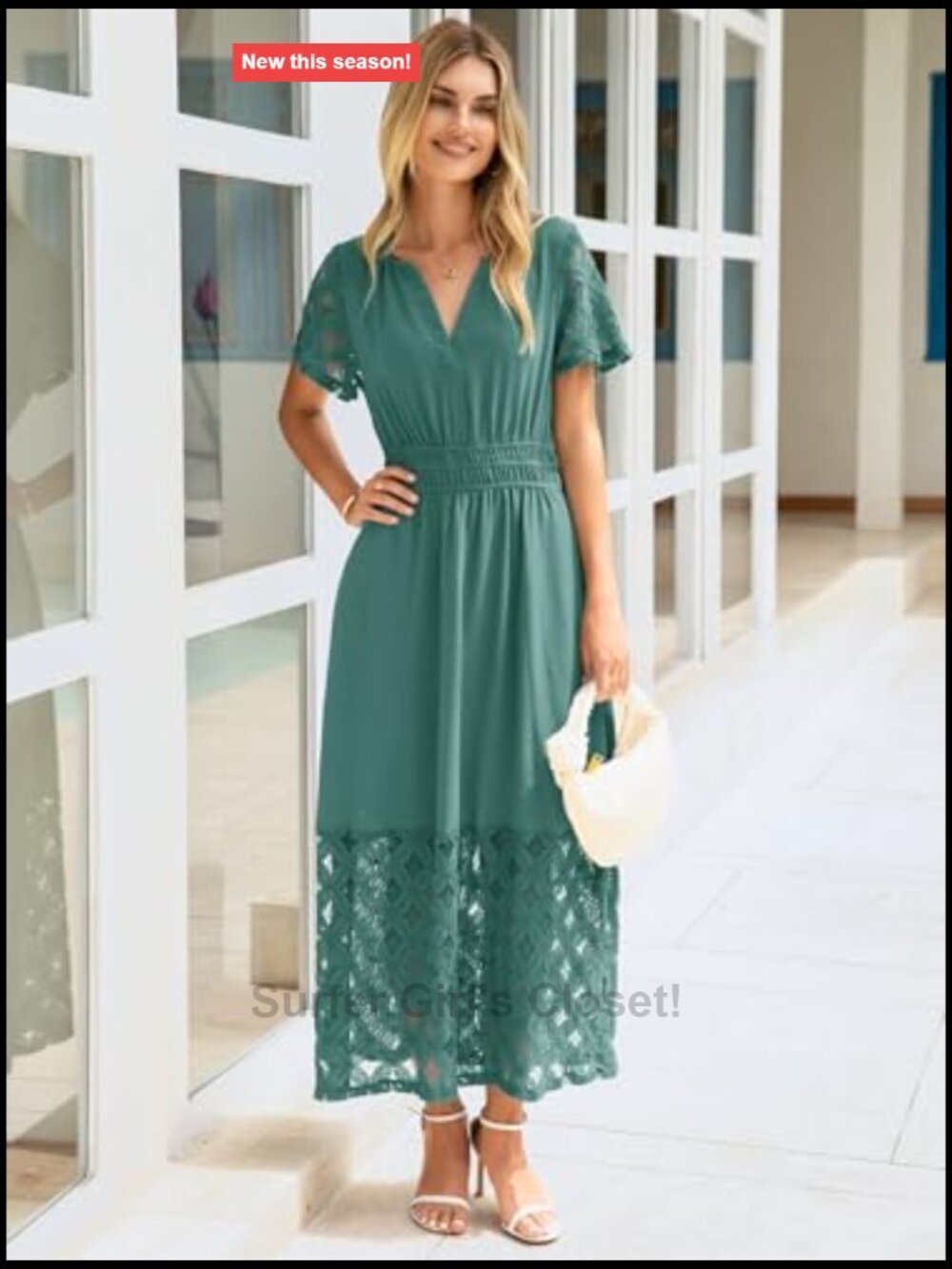 Boho Maxi Dress V Neck Empire Waist Long Flowy with Pockets Short Sleeve - Picture 2 of 7
